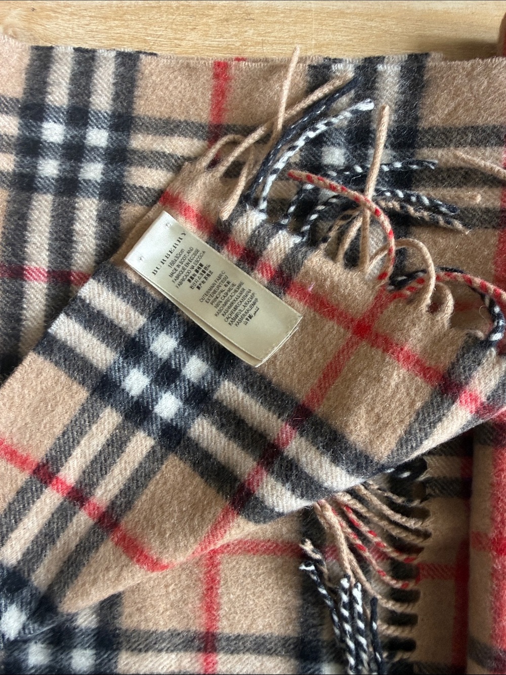 Burberry Camel Plaid Cashmere Scarf with Black and Red Accents